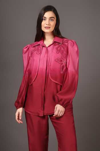 Sakshi Khetterpal_Pink Chanderi Silk, Organza Embroidery Shawl Neck Ombre Shacket And Pant Set _Online_at_Aza_Fashions