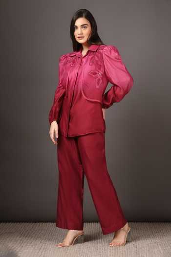 Buy_Sakshi Khetterpal_Pink Chanderi Silk, Organza Embroidery Shawl Neck Ombre Shacket And Pant Set _Online_at_Aza_Fashions