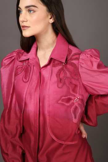 Shop_Sakshi Khetterpal_Pink Chanderi Silk, Organza Embroidery Shawl Neck Ombre Shacket And Pant Set _Online_at_Aza_Fashions