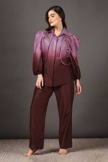 Sakshi Khetterpal_Wine Chanderi Silk, Organza Embroidery Shawl Neck Shacket And Pant Set _Online_at_Aza_Fashions