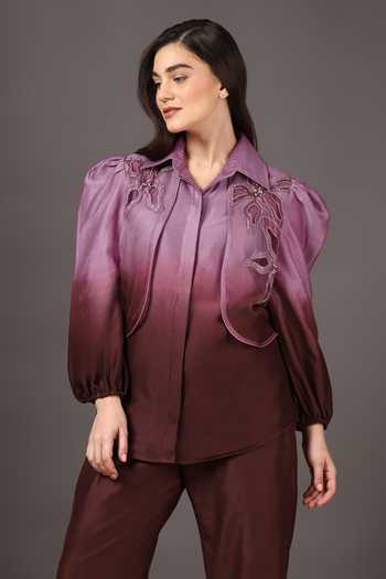 Buy_Sakshi Khetterpal_Wine Chanderi Silk, Organza Embroidery Shawl Neck Shacket And Pant Set _Online_at_Aza_Fashions