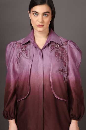 Shop_Sakshi Khetterpal_Wine Chanderi Silk, Organza Embroidery Shawl Neck Shacket And Pant Set _Online_at_Aza_Fashions