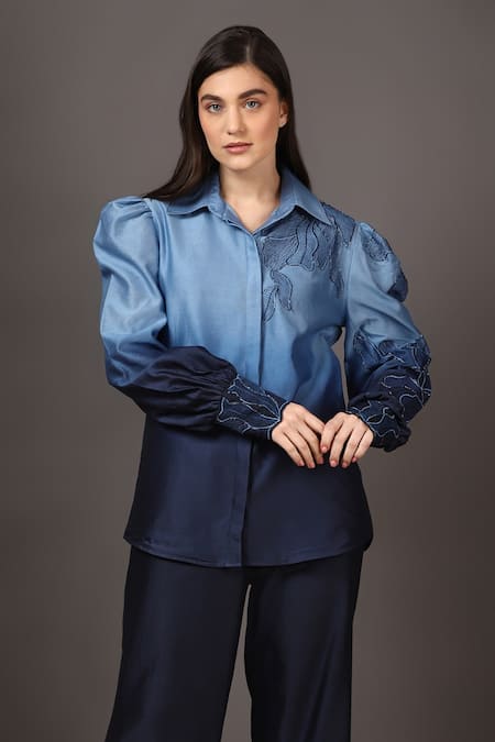 Sakshi Khetterpal_Blue Chanderi Silk Embroidery Collared Puff Sleeve Shirt Pant Set _Online_at_Aza_Fashions