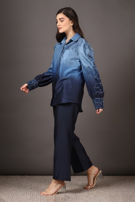 Buy_Sakshi Khetterpal_Blue Chanderi Silk Embroidery Collared Puff Sleeve Shirt Pant Set _Online_at_Aza_Fashions