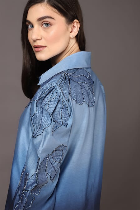 Shop_Sakshi Khetterpal_Blue Chanderi Silk Embroidery Collared Puff Sleeve Shirt Pant Set _Online_at_Aza_Fashions