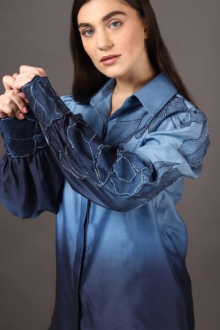 Sakshi Khetterpal_Blue Chanderi Silk Embroidery Collared Puff Sleeve Shirt Pant Set _at_Aza_Fashions