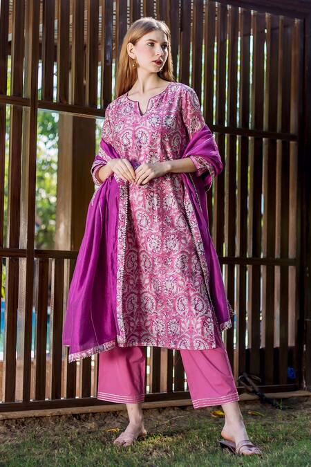 Shop_Missprint_Purple Chanderi, Cotton, Organza Embroidery Split V-neck Printed Kurta Set _Online_at_Aza_Fashions