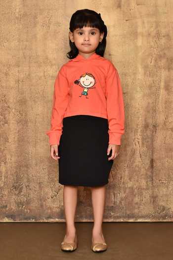 Shop_Samyukta Singhania_Black Cotton Terry Cartoon Motif Top And Skirt Set_Online_at_Aza_Fashions