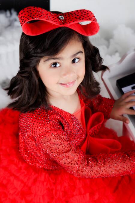 The Little Celebs_Red Net, Satin Crystals Swarovski Embroidered Dress _Online_at_Aza_Fashions
