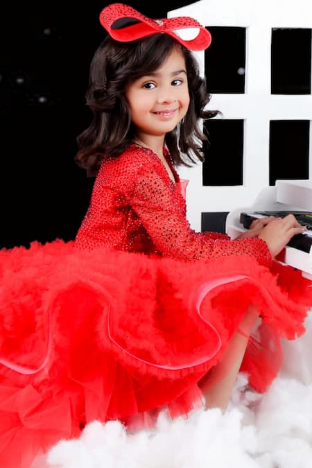 Buy_The Little Celebs_Red Net, Satin Crystals Swarovski Embroidered Dress _Online_at_Aza_Fashions