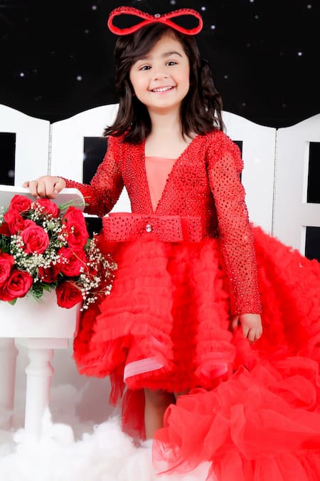The Little Celebs_Red Net, Satin Crystals Swarovski Embroidered Dress _at_Aza_Fashions