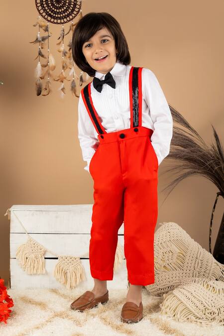 Shop The Little Celebs Red Cotton, Lycra Sequins Suspender Pant And Shirt Set Online at Aza Fashions Shop_The Little Celebs_Red Cotton, Lycra Sequins Suspender Pant And Shirt Set _Online_at_Aza_Fashions