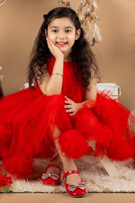 Buy_The Little Celebs_Red Net, Satin Fabric Flowers Round Neck Dress _Online_at_Aza_Fashions