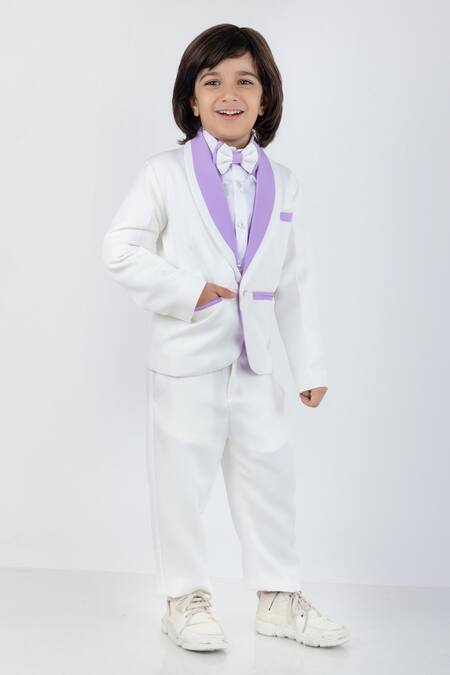 The Little Celebs_White Cotton, Lycra, Satin Lapel Collar Suit Set _Online_at_Aza_Fashions