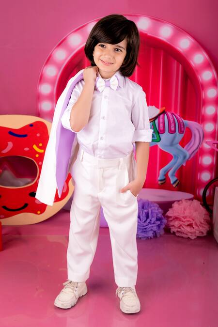 The Little Celebs_White Cotton, Lycra, Satin Lapel Collar Suit Set _at_Aza_Fashions