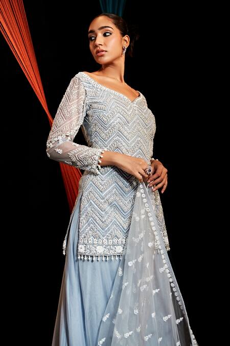 Roqa_Blue Net, Organza Pearls, Cut Work, Chevron Embroidered Kurta Sharara Set_Online_at_Aza_Fashions