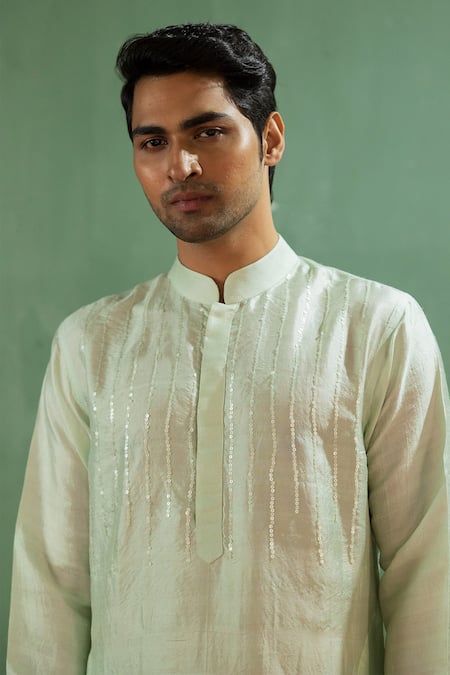 Artless_Blue  Lining Material Sheep Embroidery Sequin Teal Kurta Set_Online_at_Aza_Fashions