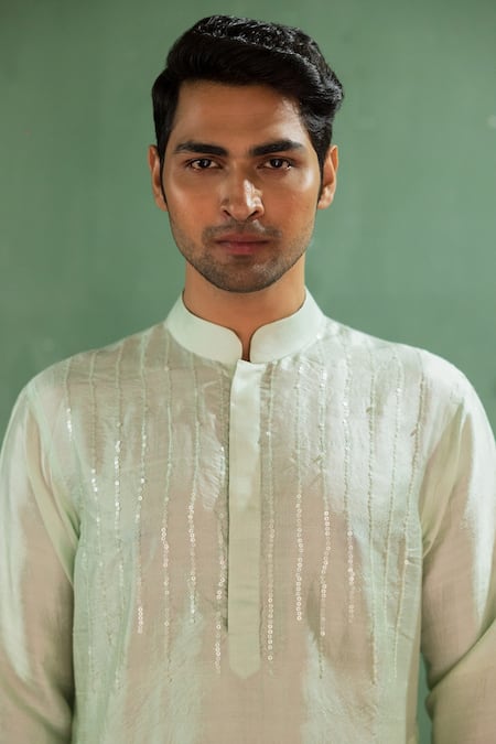 Buy_Artless_Blue  Lining Material Sheep Embroidery Sequin Teal Kurta Set_Online_at_Aza_Fashions