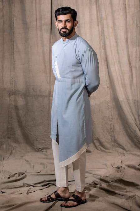 Buy Shreyansh Designs Blue Cotton Linen Blend Solid Asymmetric Kurta Online at Aza Fashions Buy_Shreyansh Designs_Blue Cotton Linen Blend Solid Asymmetric Kurta _Online_at_Aza_Fashions