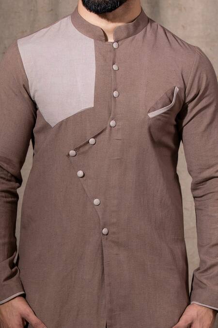 Buy_Shreyansh Designs_Brown Cotton Linen Blend Solid Overlap Full Sleeve Kurta _Online_at_Aza_Fashions