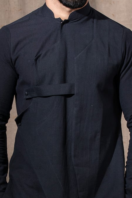 Shreyansh Designs Black Cotton Linen Blend Solid Overlap Kurta Online at Aza Fashions Shreyansh Designs_Black Cotton Linen Blend Solid Overlap Kurta _Online_at_Aza_Fashions
