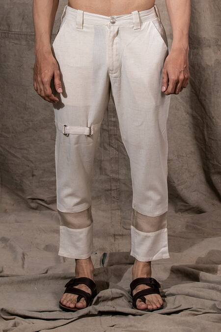 Shreyansh Designs_Off White Cotton, Silk Sheer Panelled Pant _Online_at_Aza_Fashions