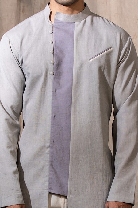 Shreyansh Designs_Grey Cotton Linen Blend Solid Asymmetric Colorblock Kurta _Online_at_Aza_Fashions