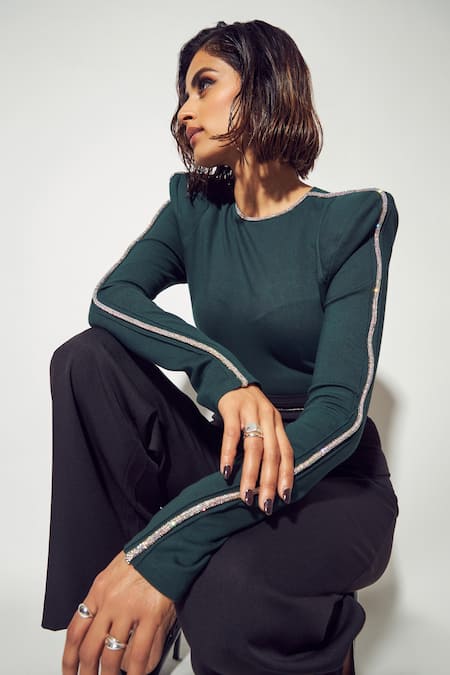 Sameer Madan_Green Jersey Glitter Round Neck Embellished Bodysuit_Online_at_Aza_Fashions