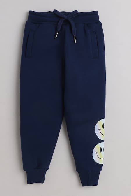 Shop_Knitting Doodles_Blue Fleece Printed Smiley Sleeved Top And Joggers Set_Online_at_Aza_Fashions
