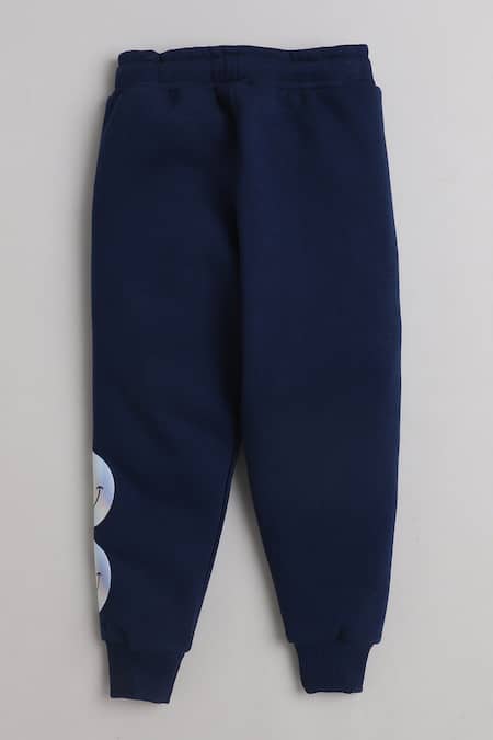 Knitting Doodles_Blue Fleece Printed Smiley Sleeved Top And Joggers Set_at_Aza_Fashions