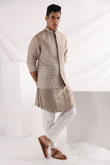 Smriti By Anju Agarwal_Beige Bamboo Embroidery, Beads Embellished Bam Silk Bundi _Online_at_Aza_Fashions