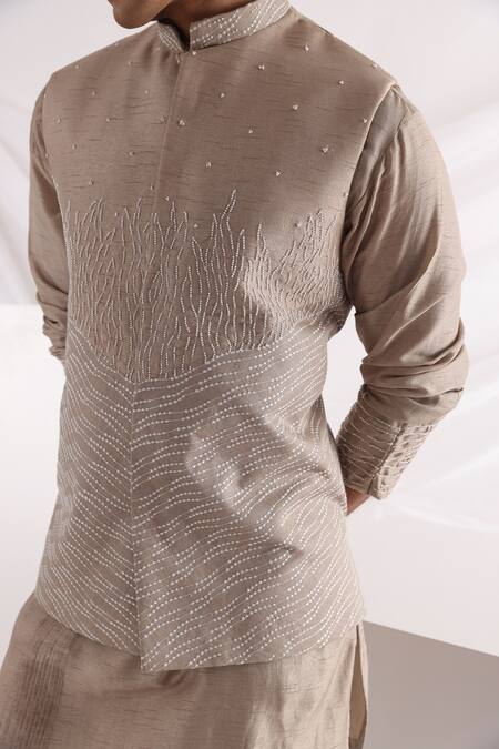 Buy_Smriti By Anju Agarwal_Beige Bamboo Embroidery, Beads Embellished Bam Silk Bundi _Online_at_Aza_Fashions