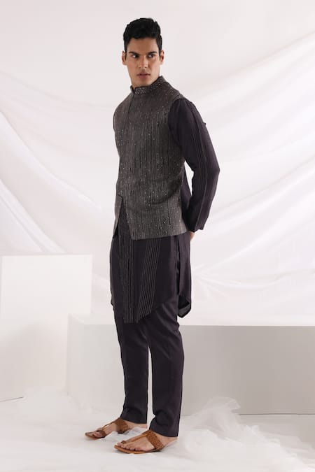 Smriti By Anju Agarwal_Black Linen, Satin Embroidery Bundi _Online_at_Aza_Fashions