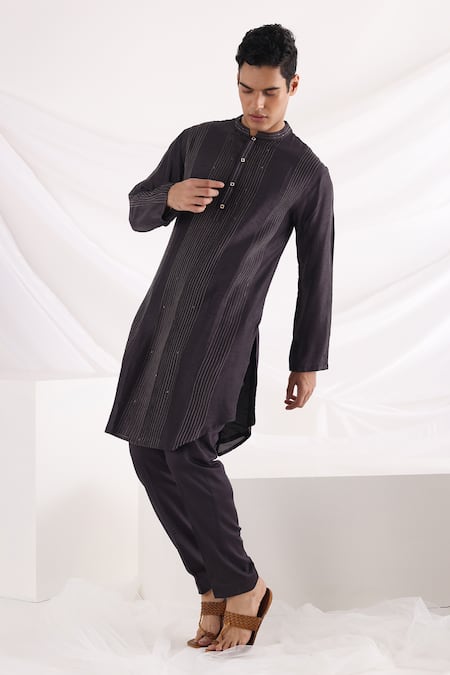 Smriti By Anju Agarwal_Black Bamboo, Cotton Sequins Striped Thread Work Kurta Set _Online_at_Aza_Fashions