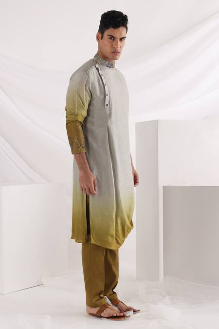 Smriti By Anju Agarwal_Green Bamboo, Kota Doria, Cotton Sequins Ombre Draped Kurta Set _Online_at_Aza_Fashions