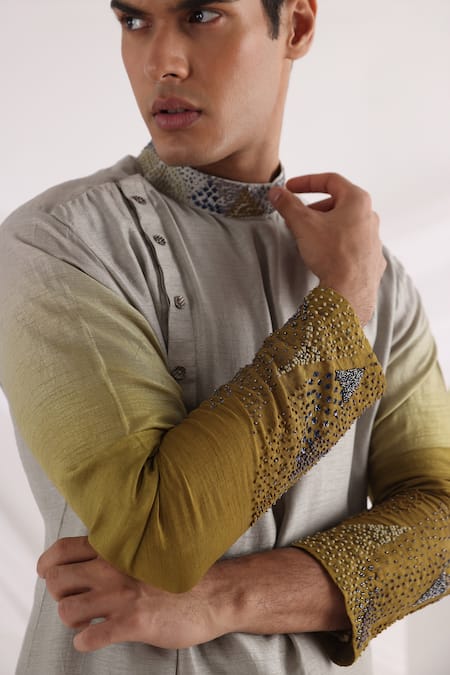 Buy_Smriti By Anju Agarwal_Green Bamboo, Kota Doria, Cotton Sequins Ombre Draped Kurta Set _Online_at_Aza_Fashions