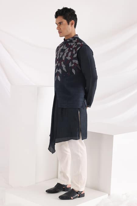 Smriti By Anju Agarwal_Blue Linen, Satin Patchwork, Embroidery Leaf Patch Work Bundi _Online_at_Aza_Fashions