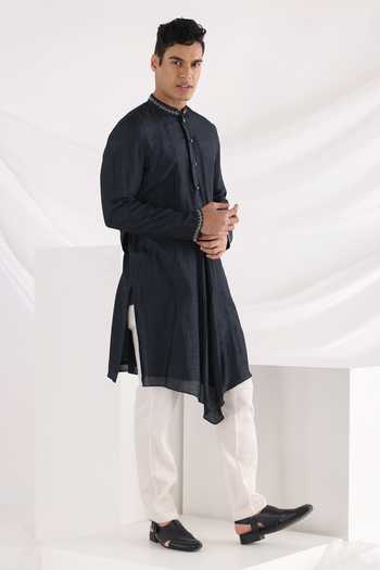 Smriti By Anju Agarwal_Blue Bamboo, Cotton Embroidery Mandarin Collar Kurta Set _Online_at_Aza_Fashions