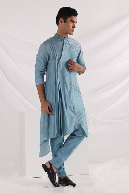 Smriti By Anju Agarwal_Blue Bamboo, Cotton Embroidery Draped Kurta Set _Online_at_Aza_Fashions