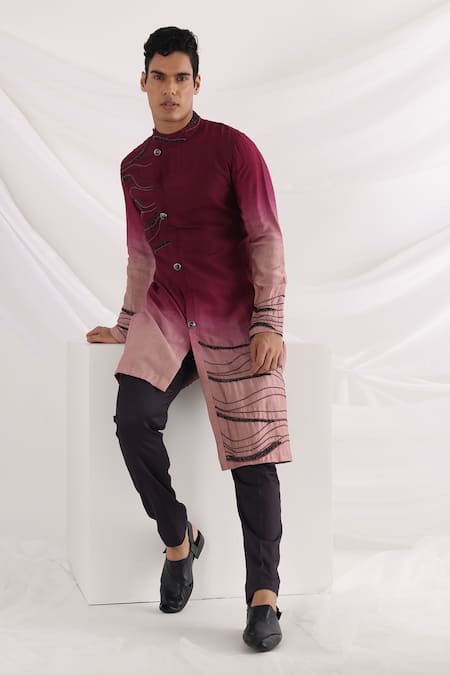 Smriti By Anju Agarwal_Magenta Bamboo, Cotton Embroidery Abstract Kurta Set _Online_at_Aza_Fashions