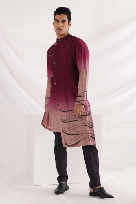 Shop_Smriti By Anju Agarwal_Magenta Bamboo, Cotton Embroidery Abstract Kurta Set _Online_at_Aza_Fashions