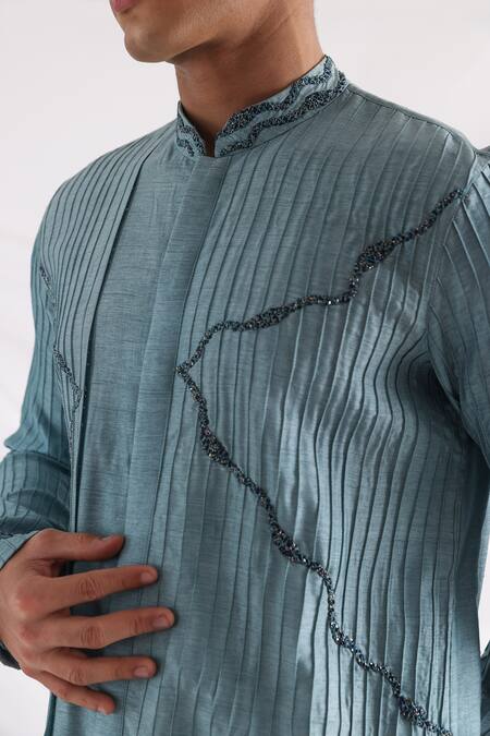 Smriti By Anju Agarwal_Blue Bamboo, Cotton, Silk Embroidery Layered And Kurta Set _Online_at_Aza_Fashions