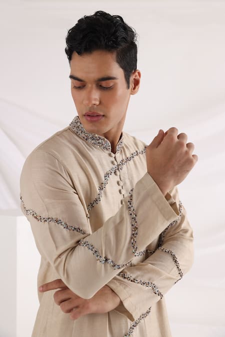 Buy_Smriti By Anju Agarwal_Beige Bamboo, Cotton Embroidery Abstract Pattern Kurta Set _Online_at_Aza_Fashions