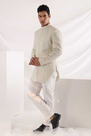 Buy_Smriti By Anju Agarwal_Ivory Linen, Satin, Cotton Pearls Geometric Pattern Bandhgala Set _Online_at_Aza_Fashions