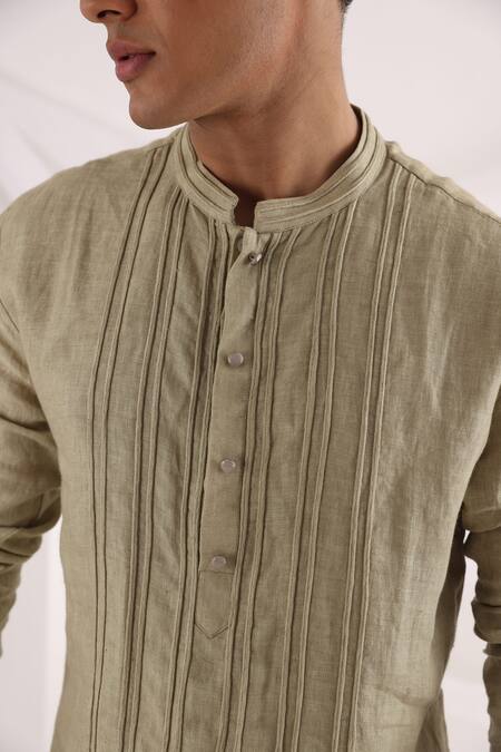 Smriti By Anju Agarwal_Green Linen, Cotton Pintuck Kurta Set _Online_at_Aza_Fashions