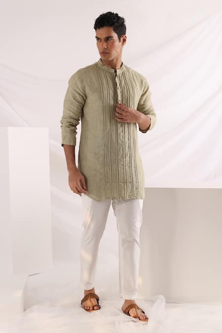 Buy_Smriti By Anju Agarwal_Green Linen, Cotton Pintuck Kurta Set _Online_at_Aza_Fashions