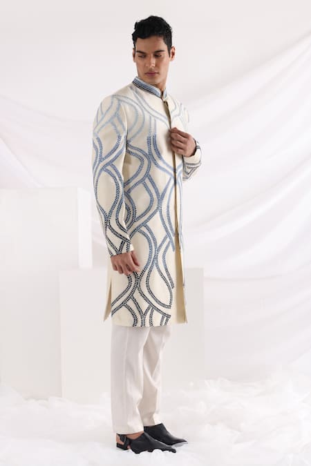 Smriti By Anju Agarwal_Ivory Bamboo, Cotton Embroidery Vine Leaf Sherwani Set _Online_at_Aza_Fashions