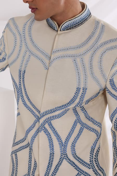 Buy_Smriti By Anju Agarwal_Ivory Bamboo, Cotton Embroidery Vine Leaf Sherwani Set _Online_at_Aza_Fashions
