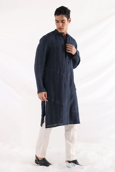 Smriti By Anju Agarwal_Black Linen, Cotton Embroidery Criss Cross Pintuck Kurta Set _Online_at_Aza_Fashions