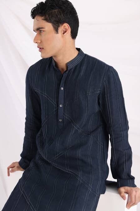 Buy_Smriti By Anju Agarwal_Black Linen, Cotton Embroidery Criss Cross Pintuck Kurta Set _Online_at_Aza_Fashions